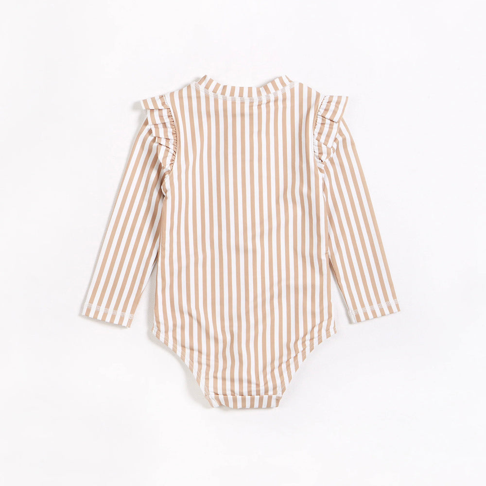 Taupe Striped Long Sleeve One-Piece Swimsuit