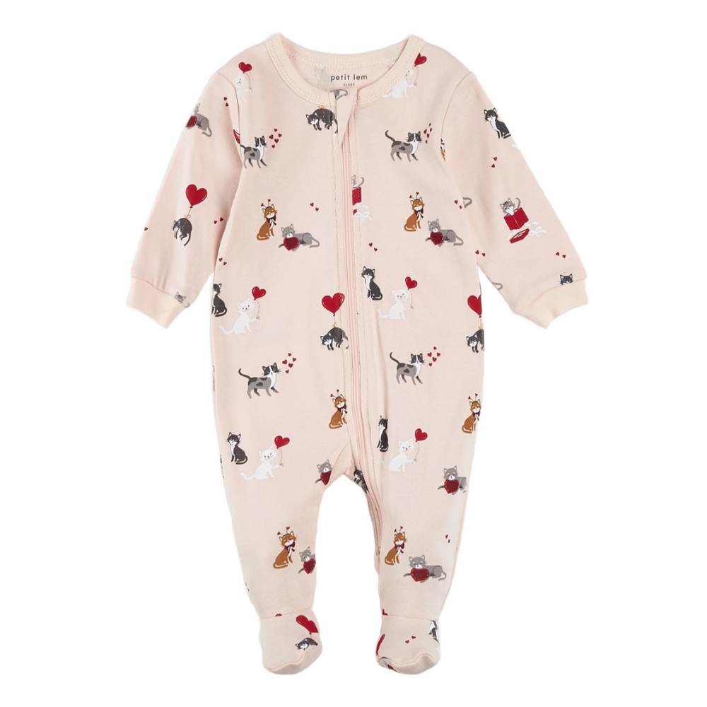 Meowentine Print on Silver Peony Footed Sleeper