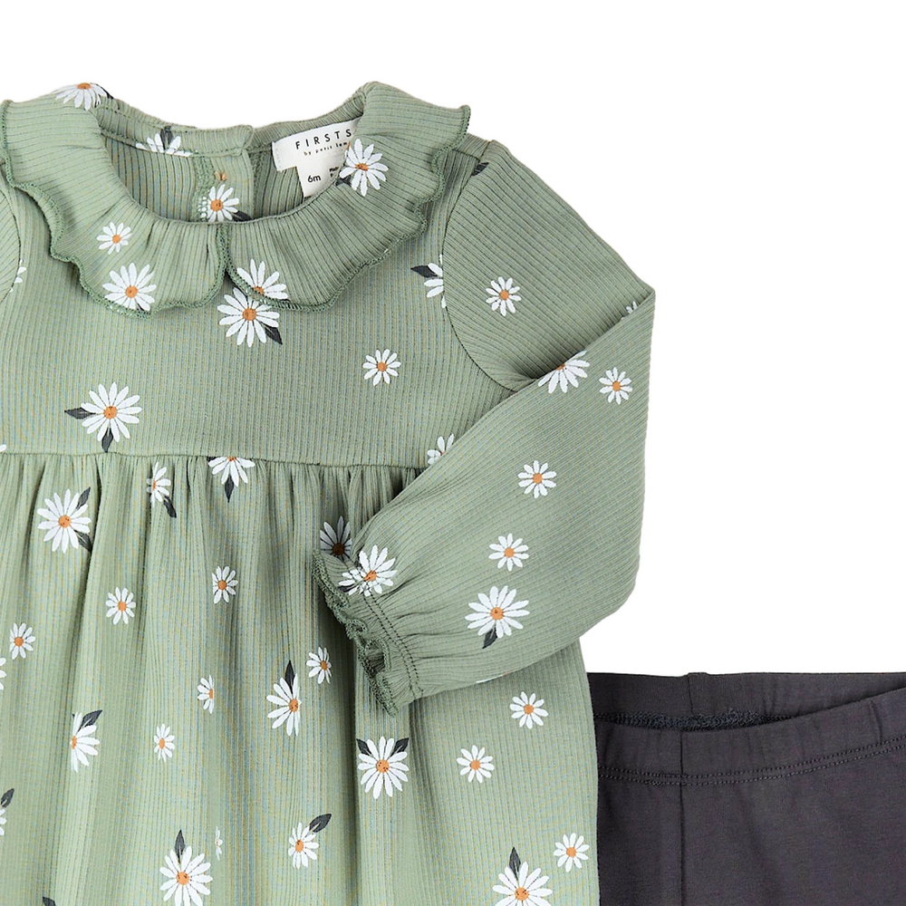 Daisy Print on Sage Green Ribbed Dress Set