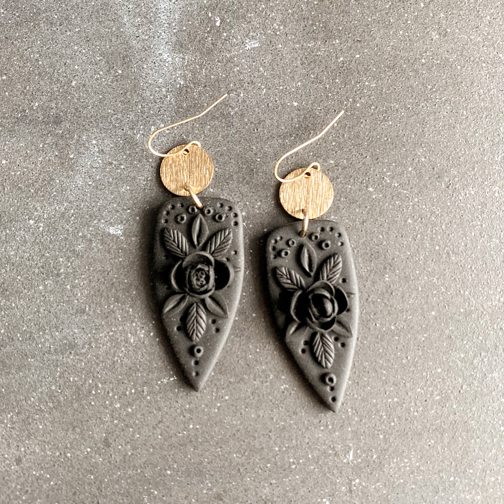 Black Clay Floral Daggers |  Dangles