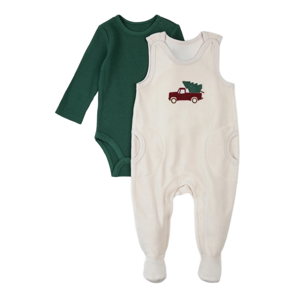 Dark Green Striped Thermal Overall Set