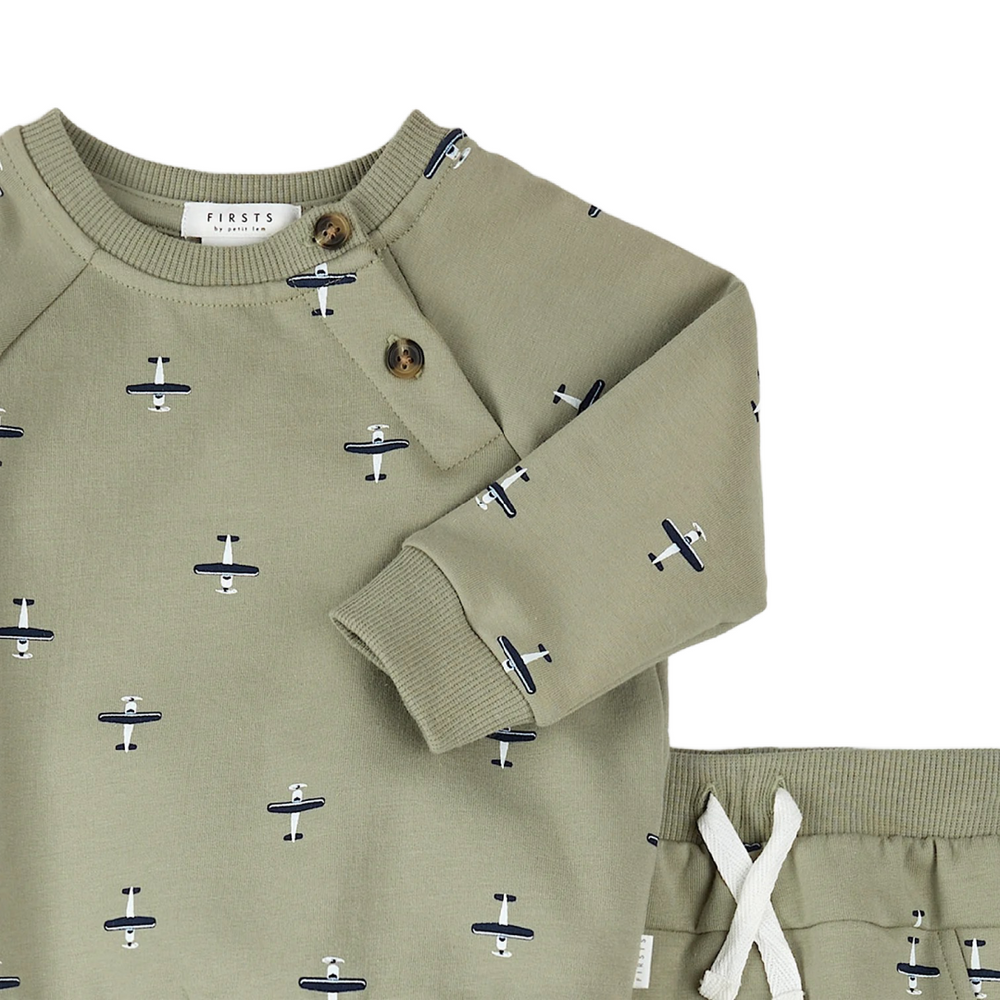 Seaplane Print on Fall Green Outfit
