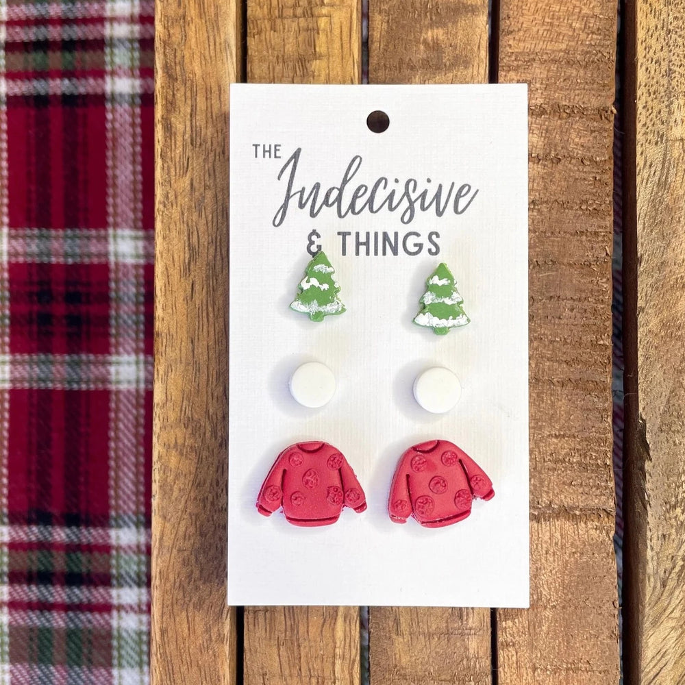 Three Studs: Tree, White & Red Fluffy Sweater Studs