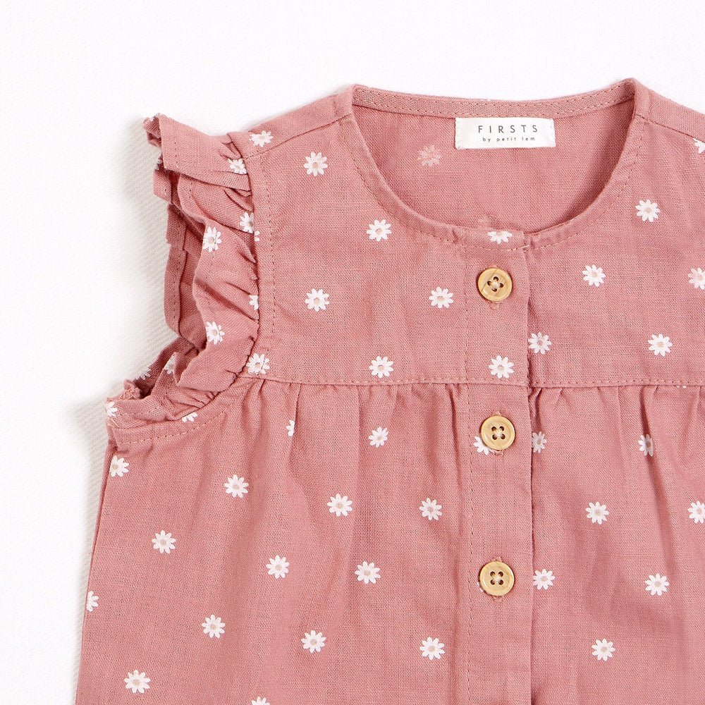 Daisies on Pink Sunset Crosshatch Linen Blend Playsuit