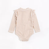 Taupe Striped Long Sleeve One-Piece Swimsuit