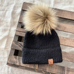 Kids Black Double Brim Knit Toque + Pom Pom